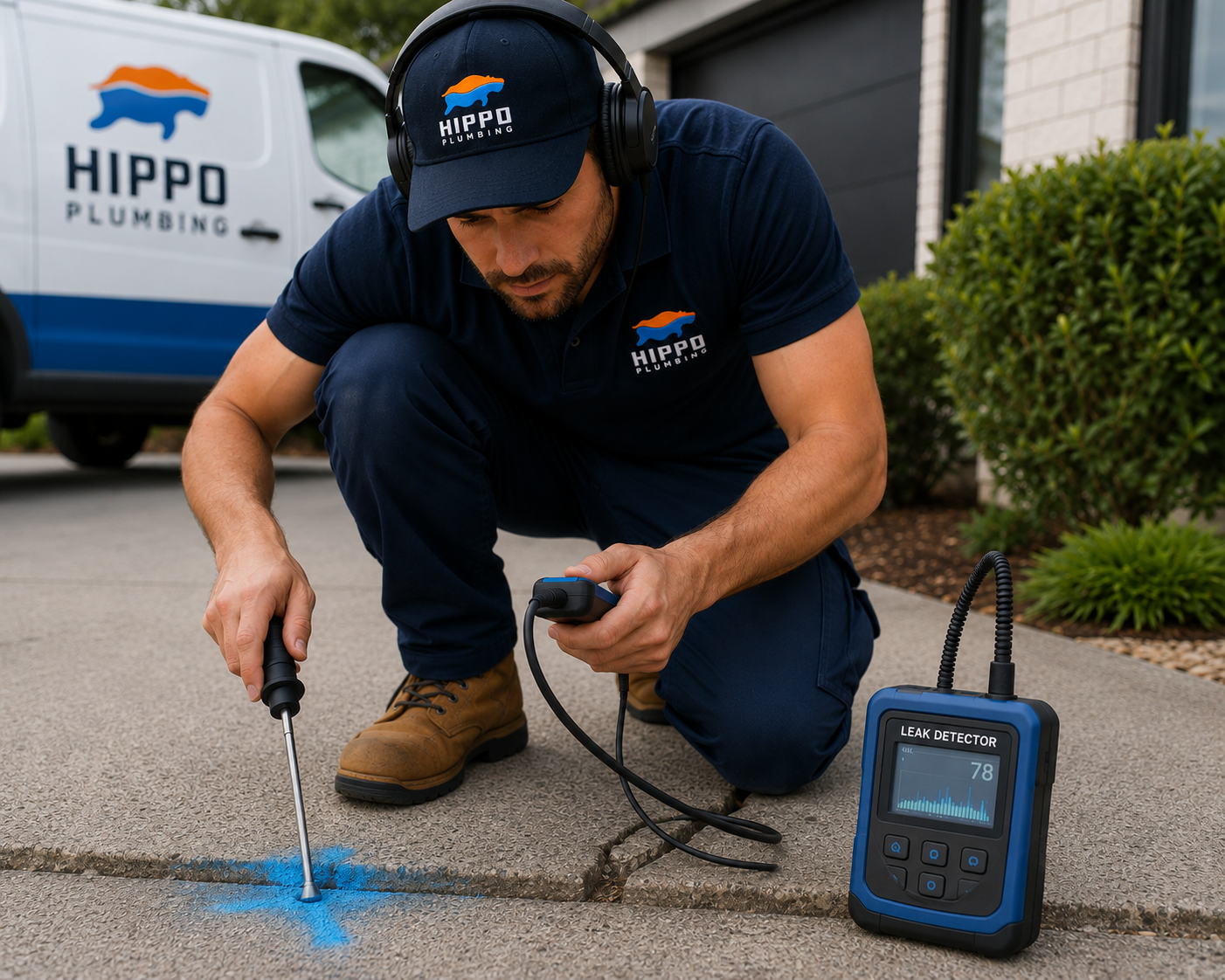 A worker from Hippo Plumbing crouches on the sidewalk using a leak detector to inspect the pavement near a crack. The worker is wearing a navy uniform, cap, and headphones. A Hippo Plumbing van is parked in the background, and the worker is holding a handheld device connected to the leak detector.