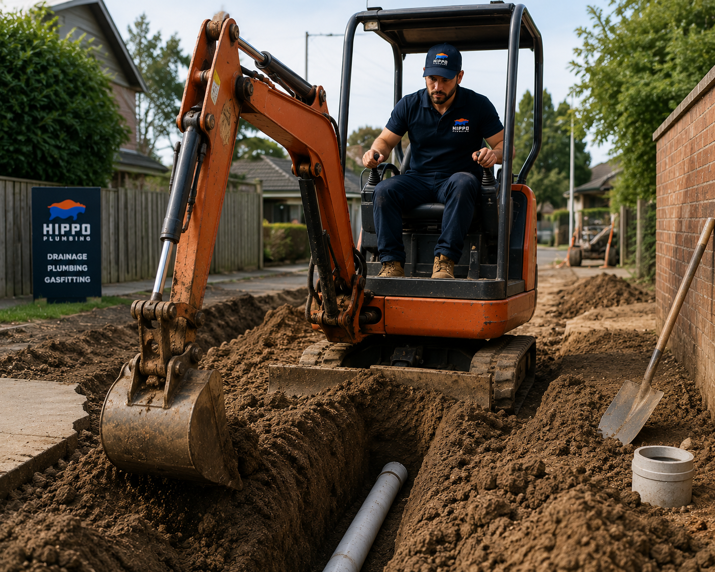 Man operating an orange mini excavator digging a trench for underground piping on a residential street, with a 'Hippo Plumbing' sign in the background.
