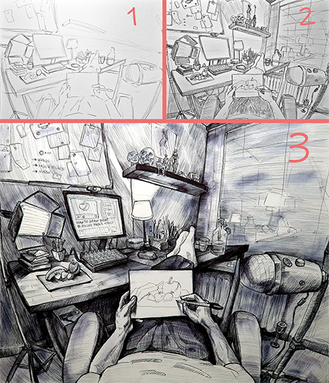 A three-panel sketch of a cluttered workspace, showing a messy desk area with a computer, monitors, various objects, and a person using a drawing tablet in a dimly lit room.