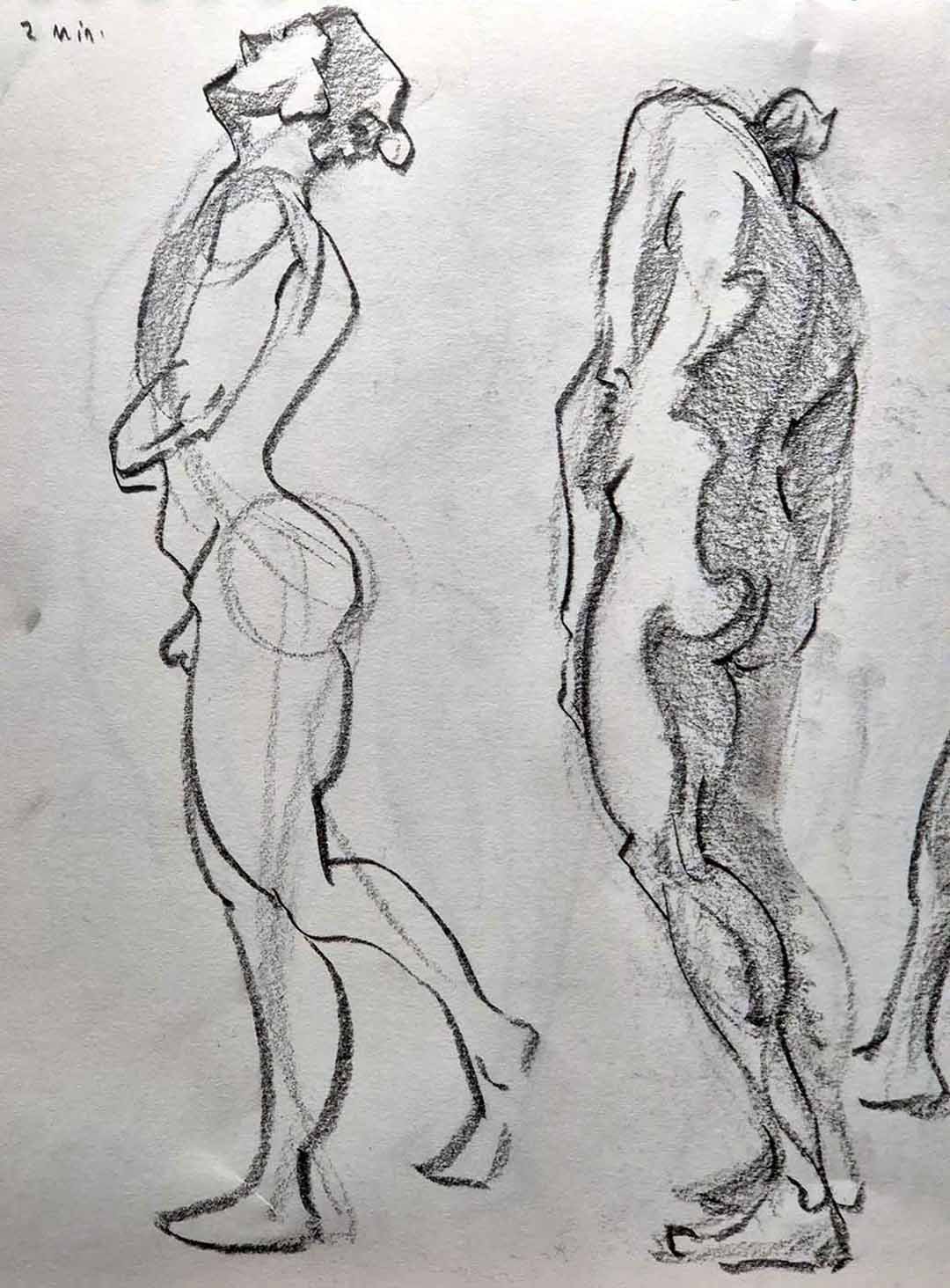 Skizze zweier männlichen Figuren, in stehender Pose, Detailstudien des menschlichen Körpers, auf Papier