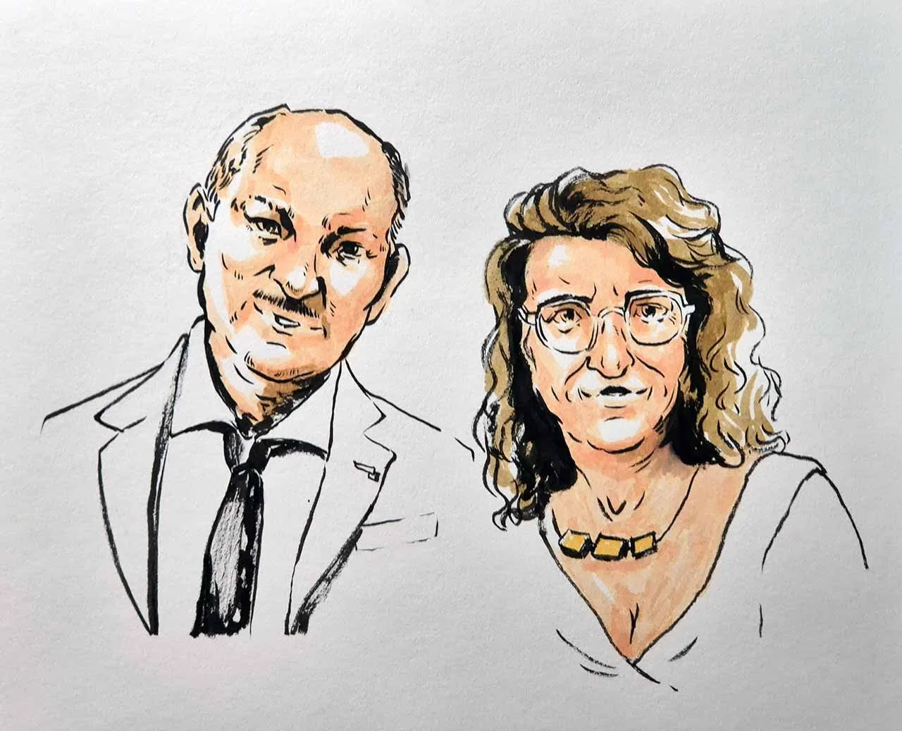 Zeichnung von einem Mann und einer Frau, beide in formeller Kleidung, der Mann trägt einen Anzug und eine Krawatte, die Frau trägt eine Brille, ein Kleid und eine Halskette.