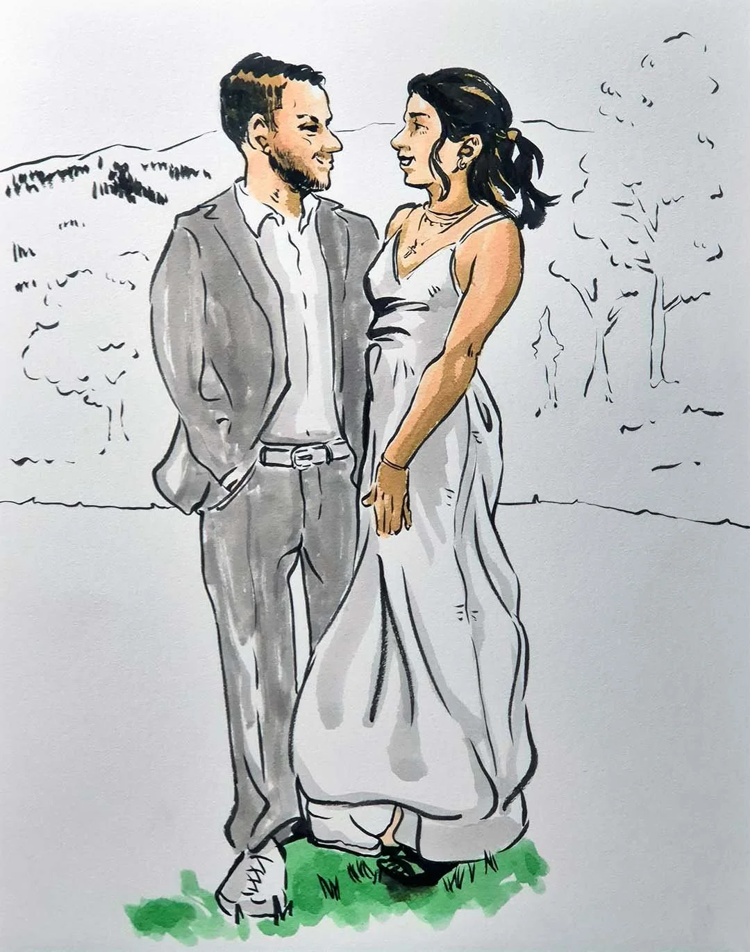 Zeichnung eines Paares, das sich liebevoll anschaut, im Freien mit Bäumen und Hügeln im Hintergrund, die Frau trägt ein weißes Kleid und der Mann einen grauen Anzug.
