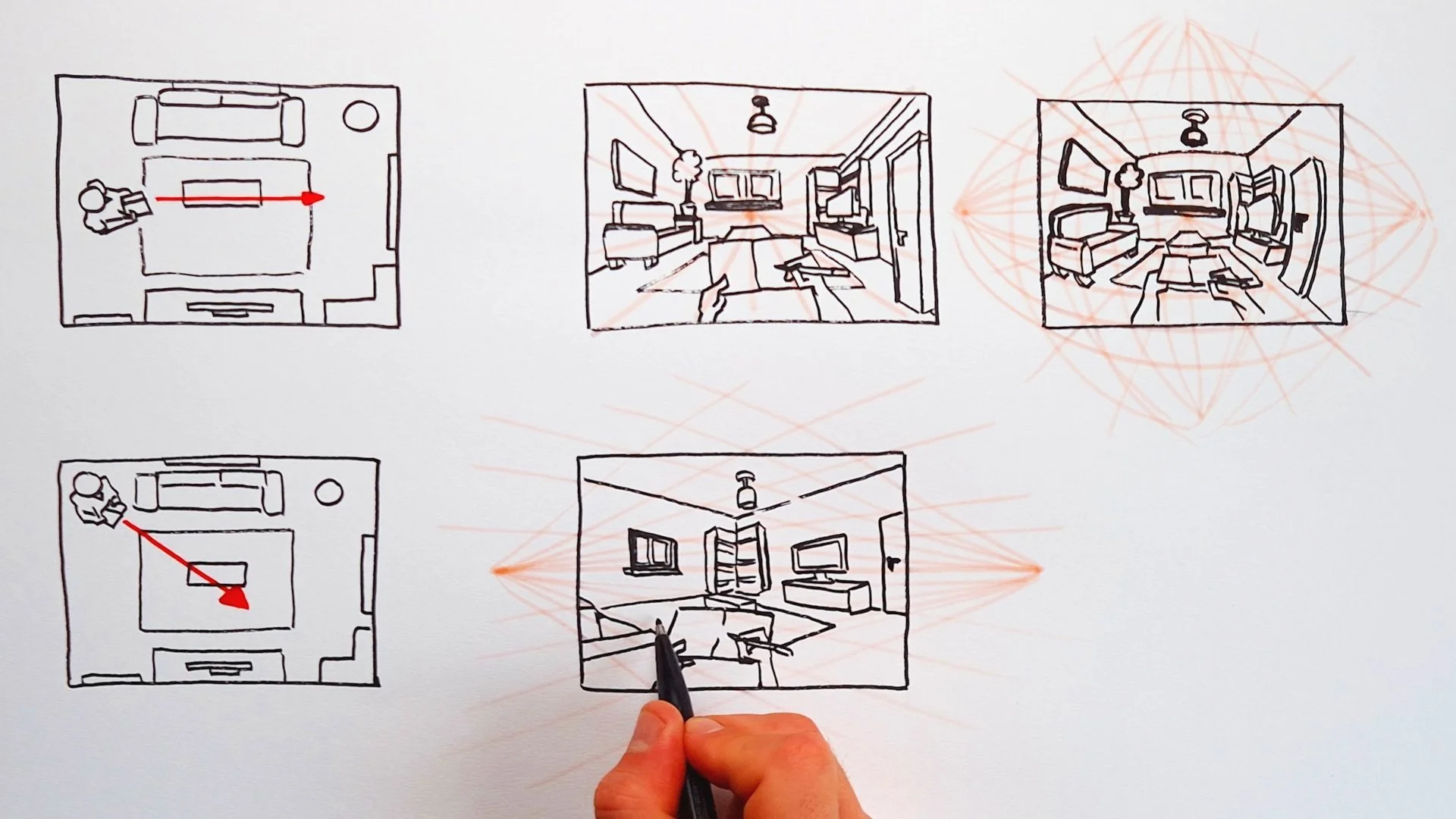 Hand drawing sketches of different room views on white paper with a black pen.