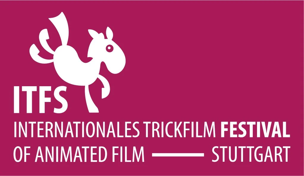 Logo des Internationalen Trickfilmfestivals Stuttgart mit einer weißen cartoonartigen Einhornfigur auf magentafarbenem Hintergrund.