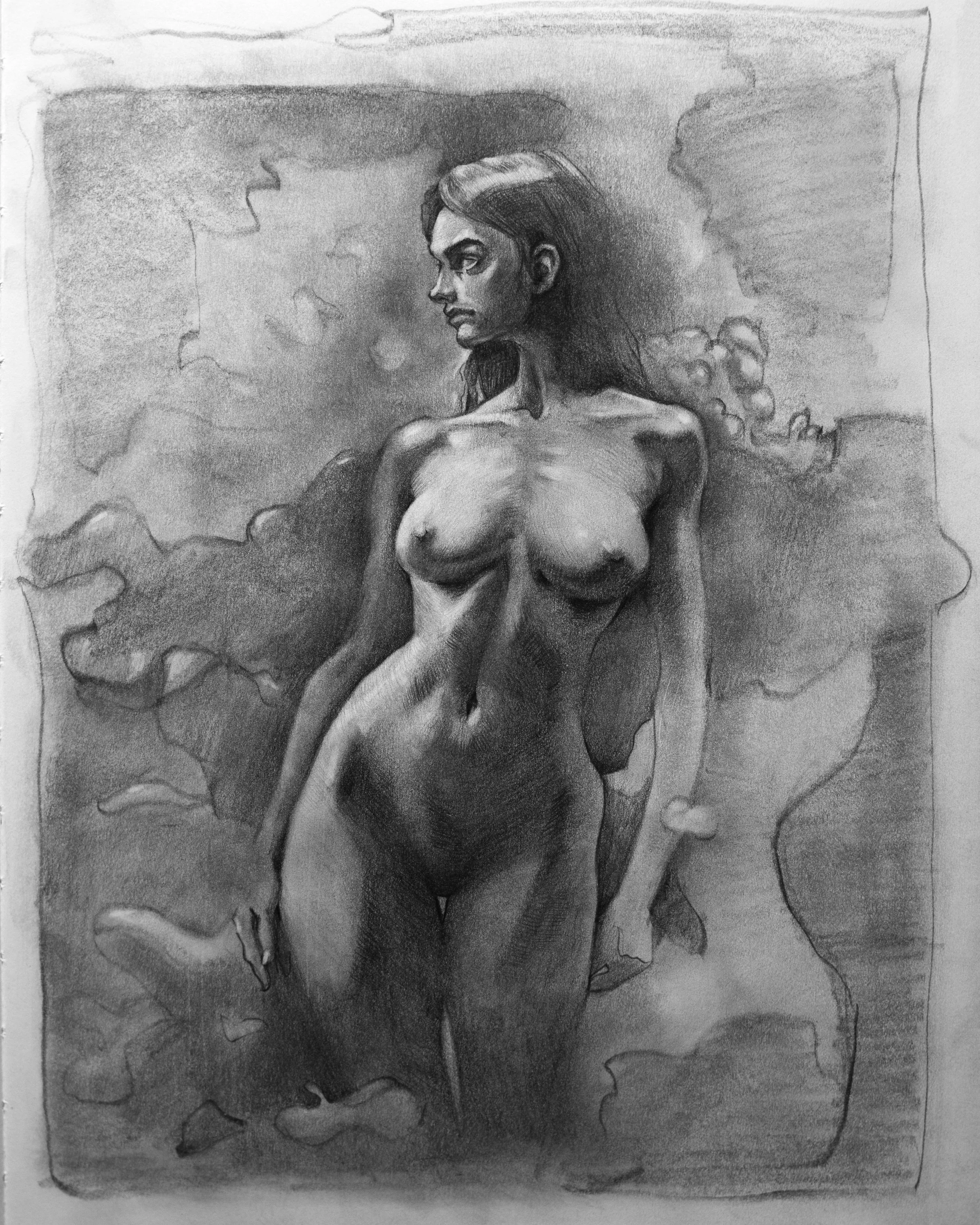 A detailed pencil drawing of a nude woman with long hair, standing with her body slightly turned, gazing to the side, with a cloudy sky in the background.