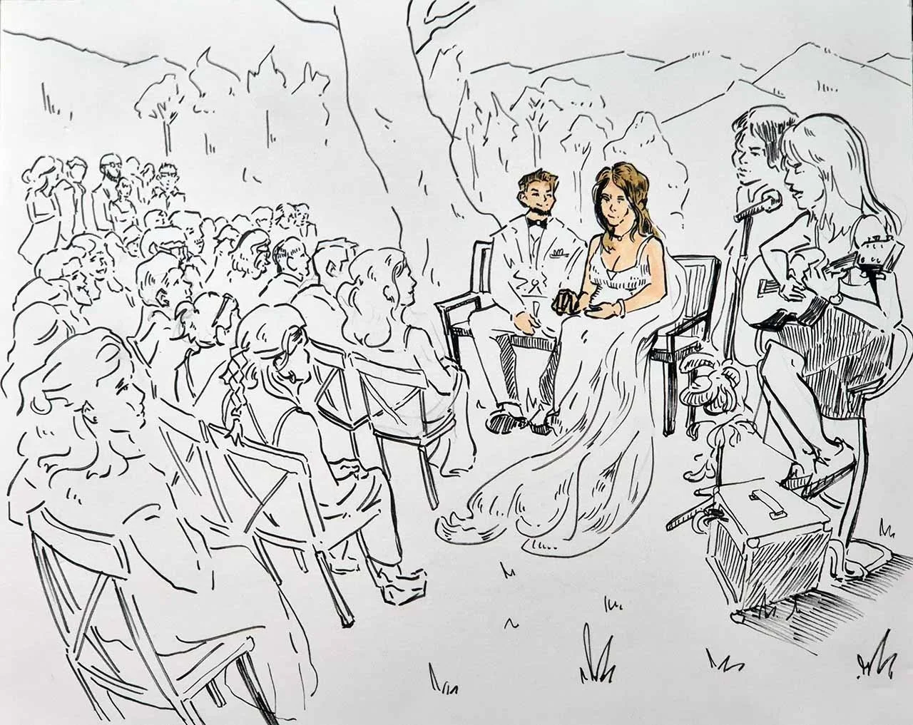 Zeichnung einer Hochzeitszeremonie im Freien mit dem Brautpaar, einer Gitarristin und einem Publikum.