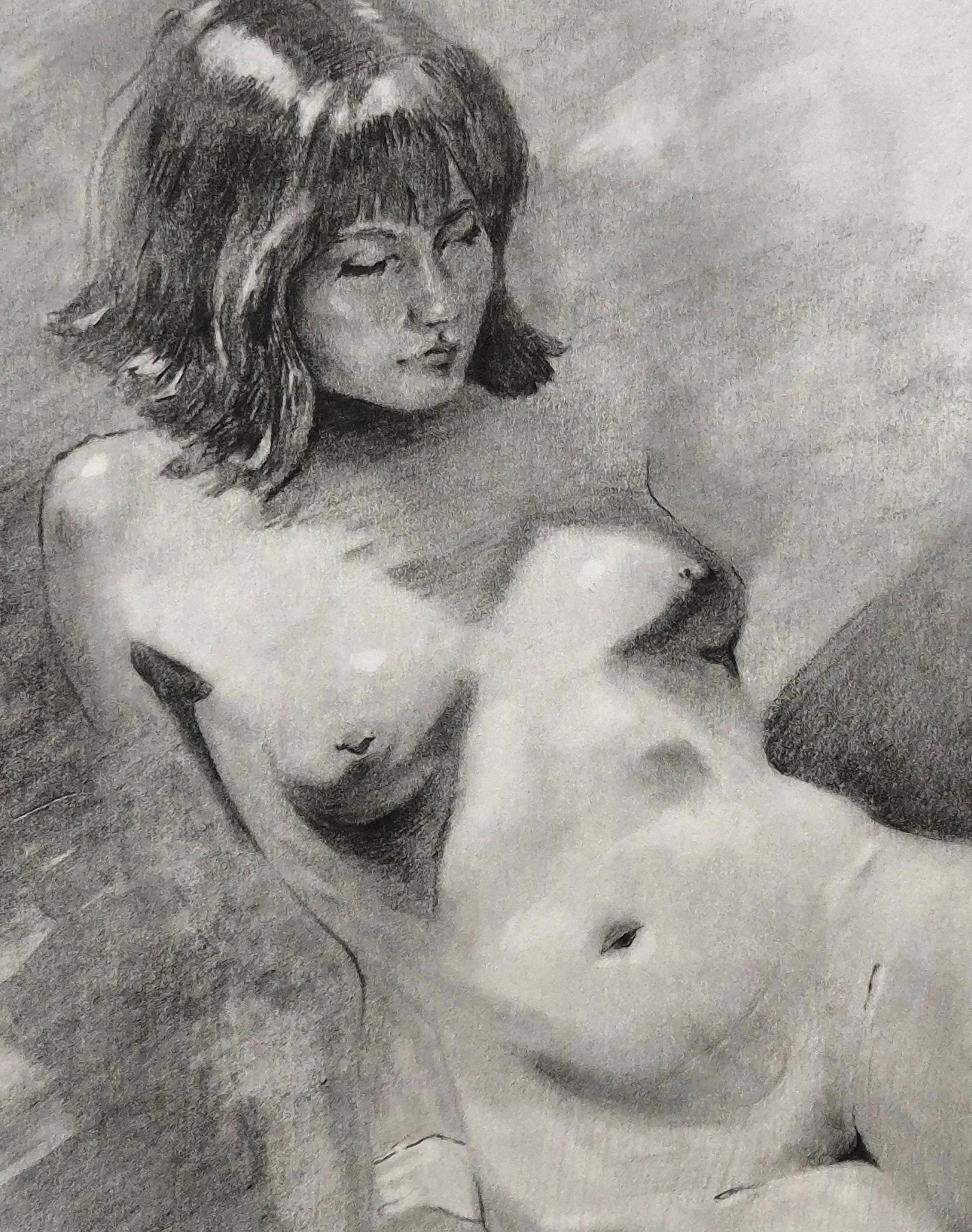 A black and white drawing of a woman with medium-length hair, sitting on the ground with her eyes closed, looking relaxed.
