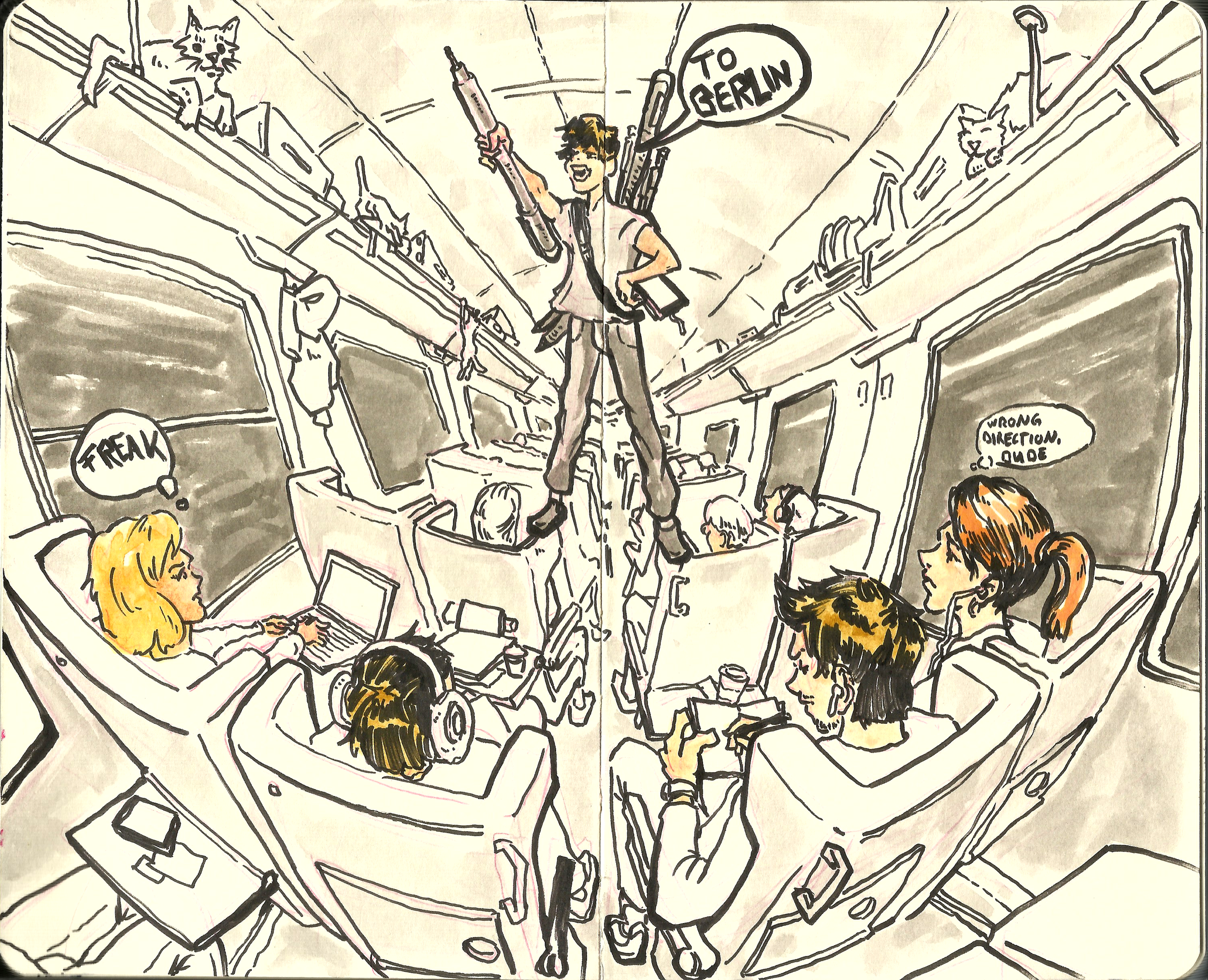 Zeichnung von einem Zuginnenraum mit mehreren Passagieren. Ein Mann steht auf den Sitzen, hält eine Spritze in die Luft und sagt 'To Berlin'. Die Passagiere reagieren unterschiedlich: eine Frau mit Laptop denkt 'Freak', eine andere Frau sagt 'Wrong d