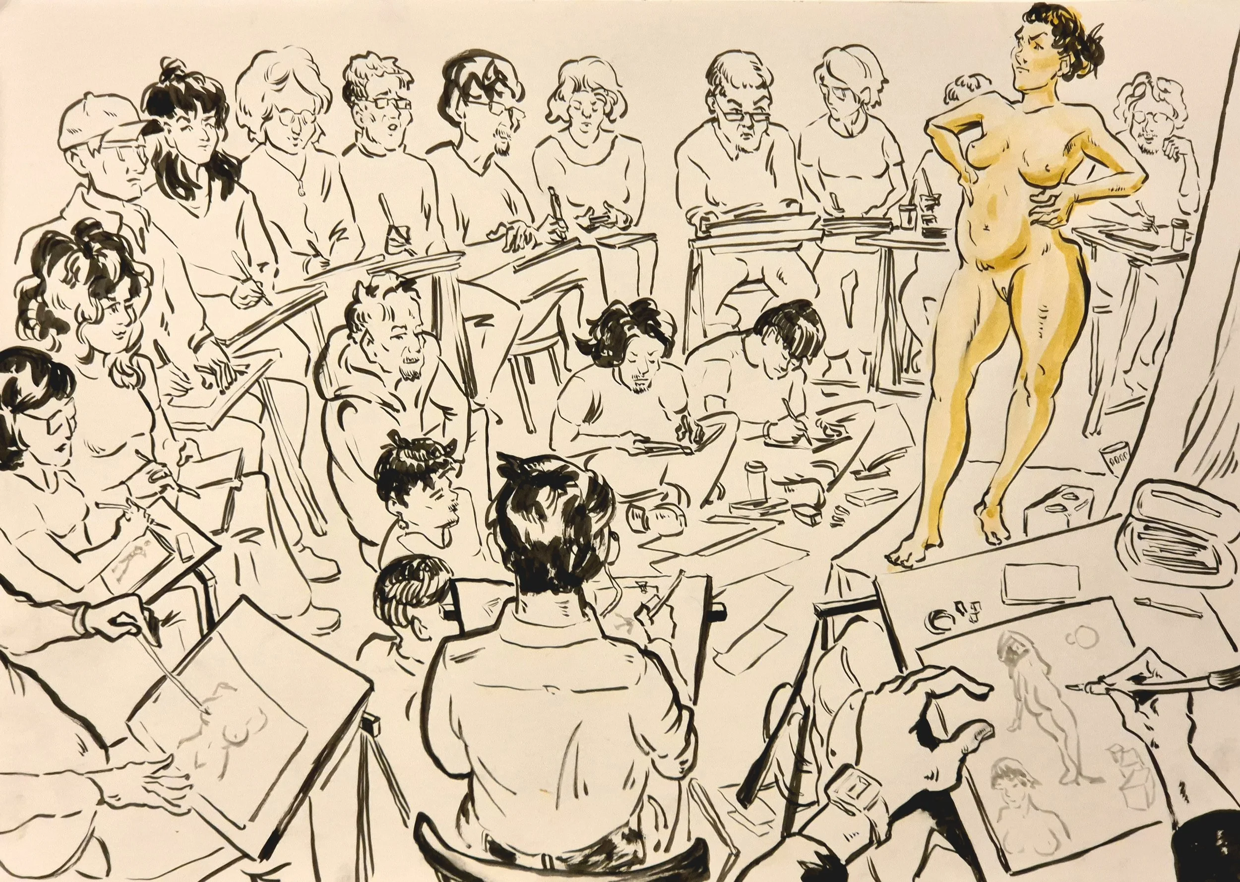 Zeichnung eines Lebenszeichens eines Aktmodells in einem Zeichenkurs, umgeben von mehreren Schülern, die skizzieren, mit Zeichenutensilien auf Tischen und Stühlen, an einem Kunststudio. Das Modell ist nackt und posed mit den Händen auf den Hüften.