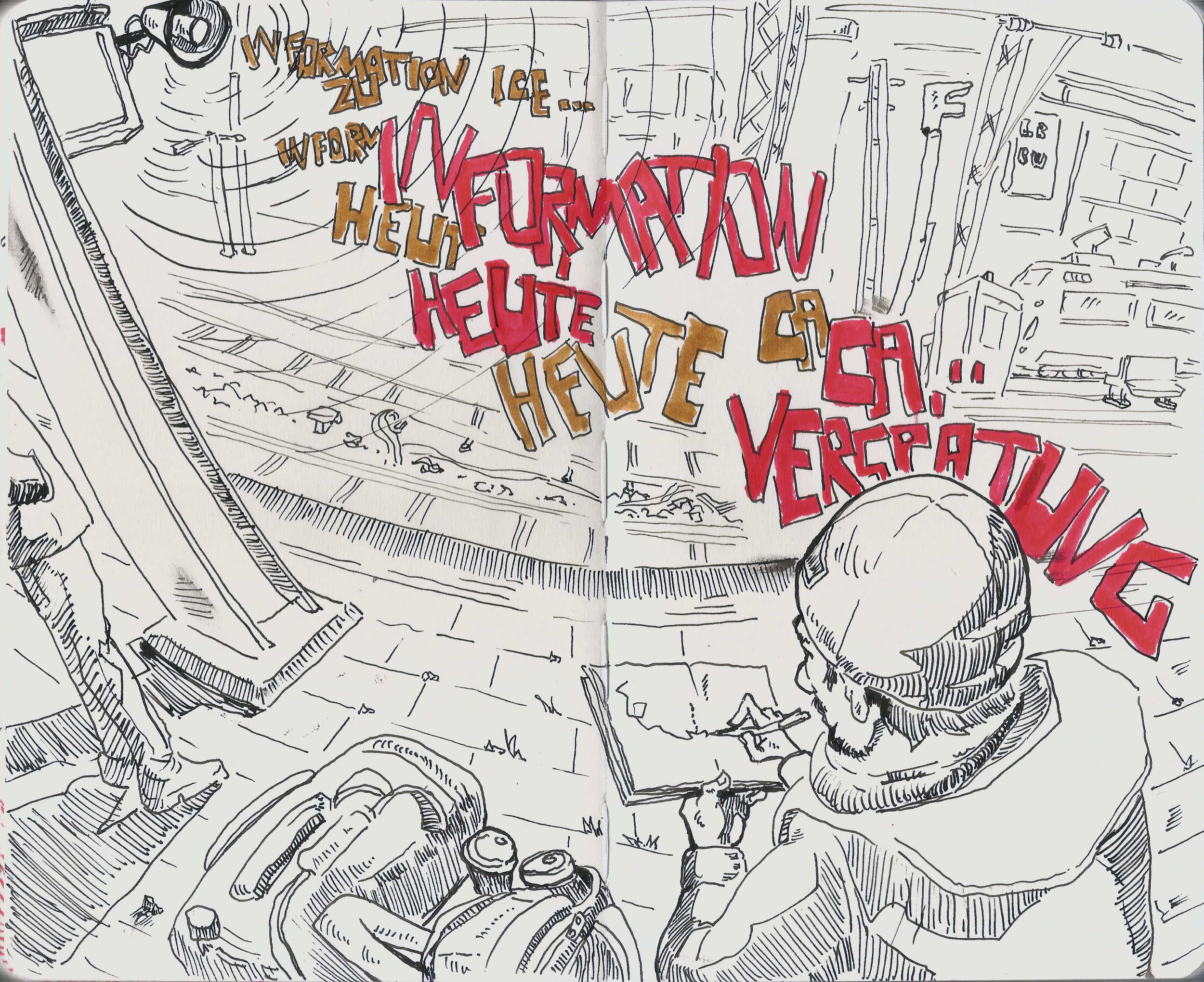 Zeichnung eines Mannes mit Helm, der in einem Bahnhof oder U-Bahnhof sitzt und schreibt oder zeichnet. Im Hintergrund fahren Züge und das U-Bahn-Gleis ist sichtbar. Über dem Bild stehen die Wörter 'Information zu ICE, WARM, HEUTE, CA, VERSCHATTUNG'.