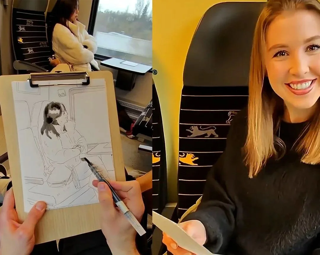 Links: Eine Person zeichnet eine Skizze einer schlafenden Frau im Zug. Rechts: Eine lachende Frau sitzt im Zug und zeigt auf das Handy.