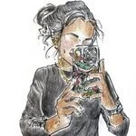 A woman taking a selfie with her phone, wearing a black jacket and a gray headband, with curly hair.