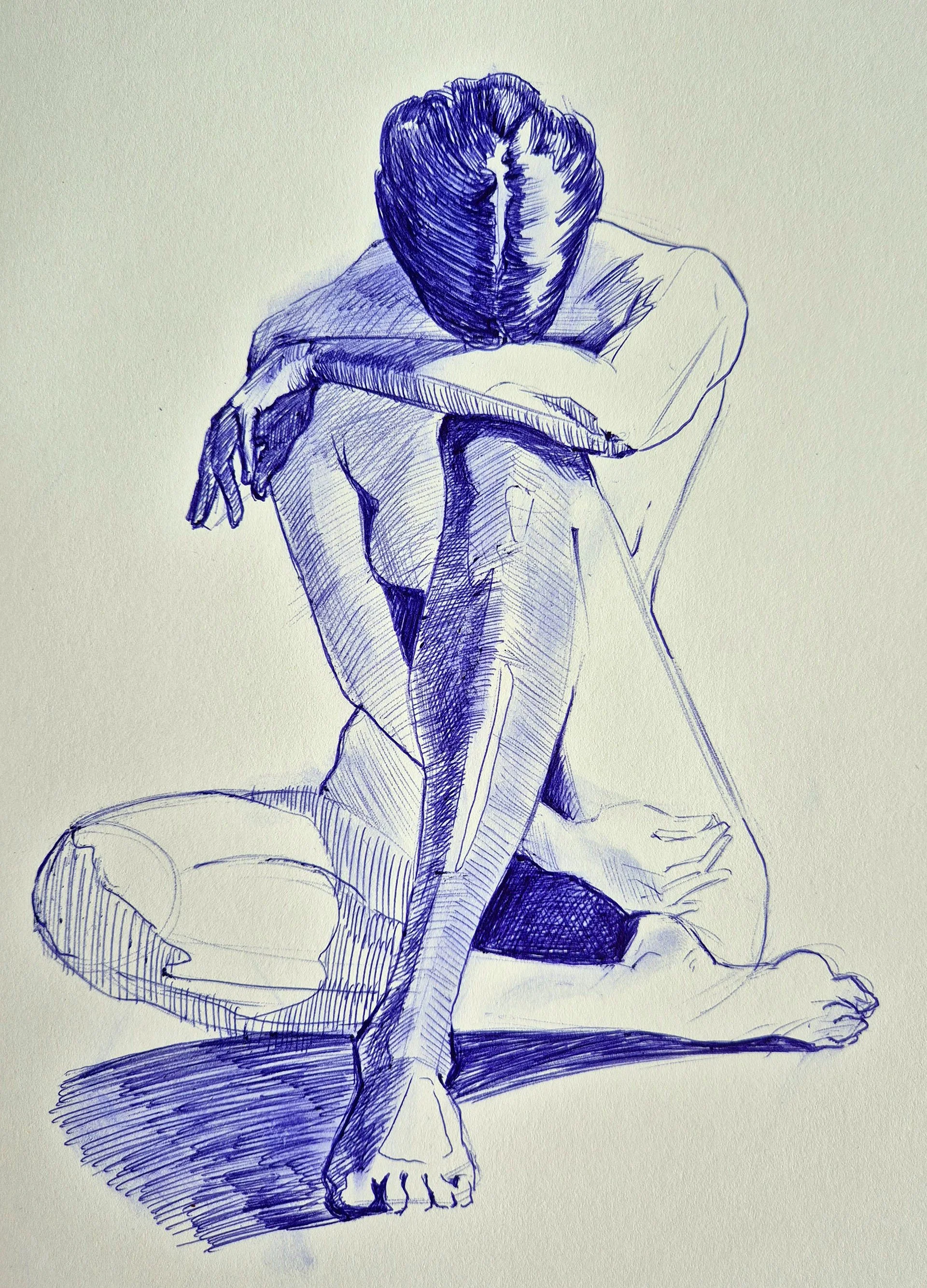 A line drawing sketch of a person sitting on the ground with their knees drawn up and their arms resting on their knees, head down, and hair styled in a center part. The person appears to be in a contemplative or introspective pose.