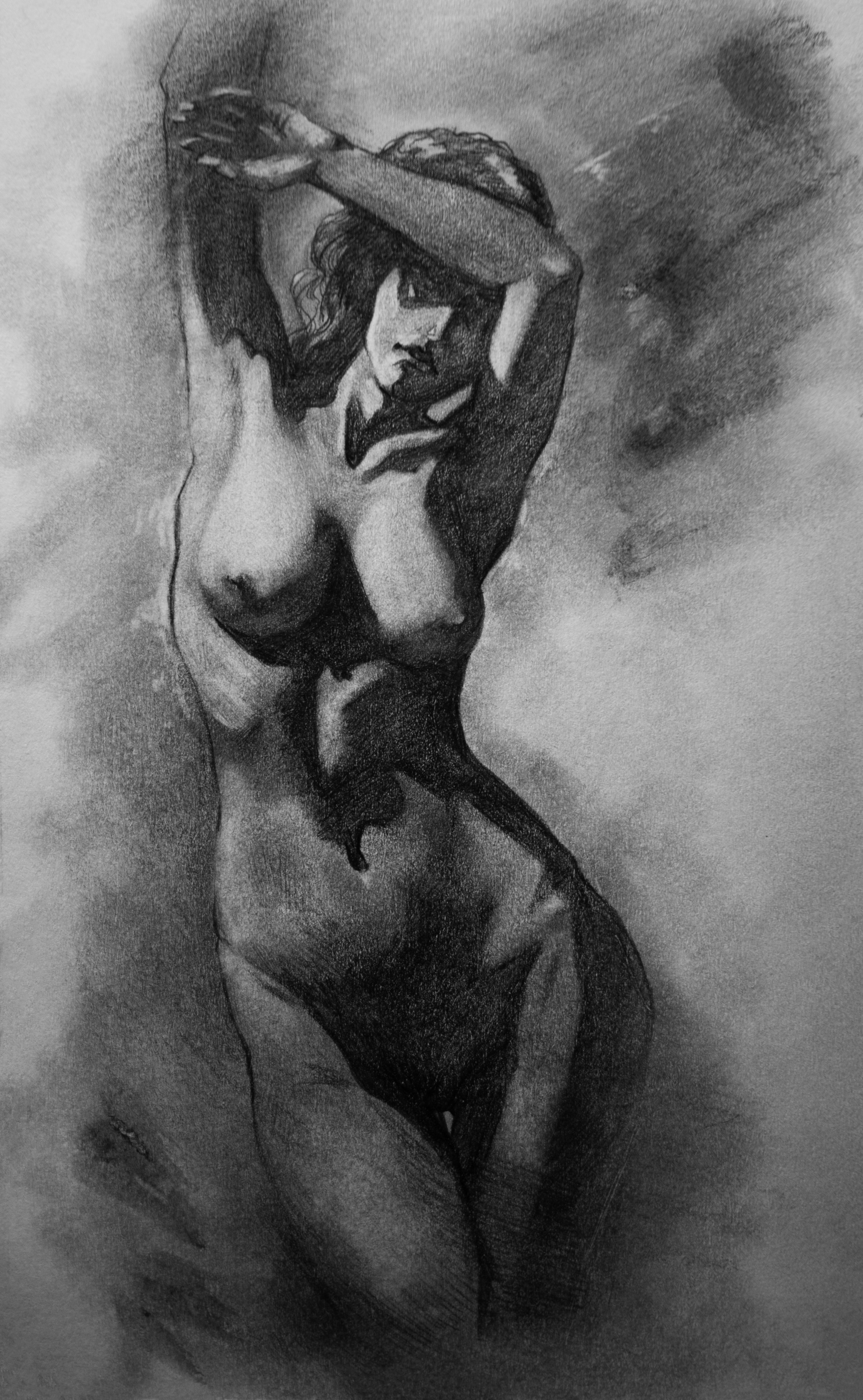 A pencil drawing of a nude woman with long hair, standing with arms raised, one hand behind her head and the other across her forehead. The artwork emphasizes shadows and contours of her body.