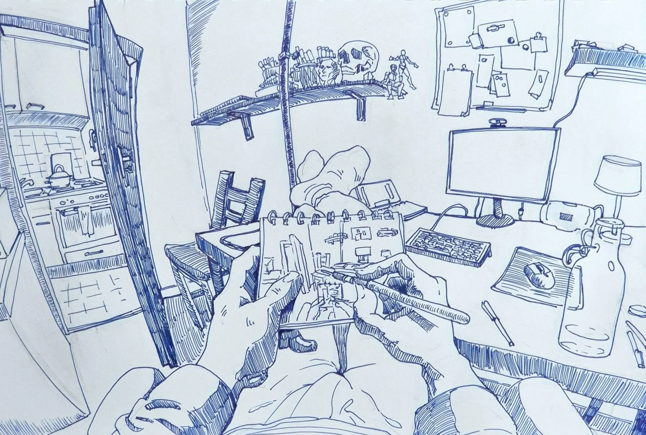 A detailed blue ink sketch of a cluttered home workspace with a person drawing in a sketchbook. The scene shows a computer monitor, keyboard, mouse, water bottle, lamp, and various stationery on the desk. Behind the desk are shelves with books, toys, and decorations including skulls and action figures. The background has a visible kitchen and a whiteboard on the wall.