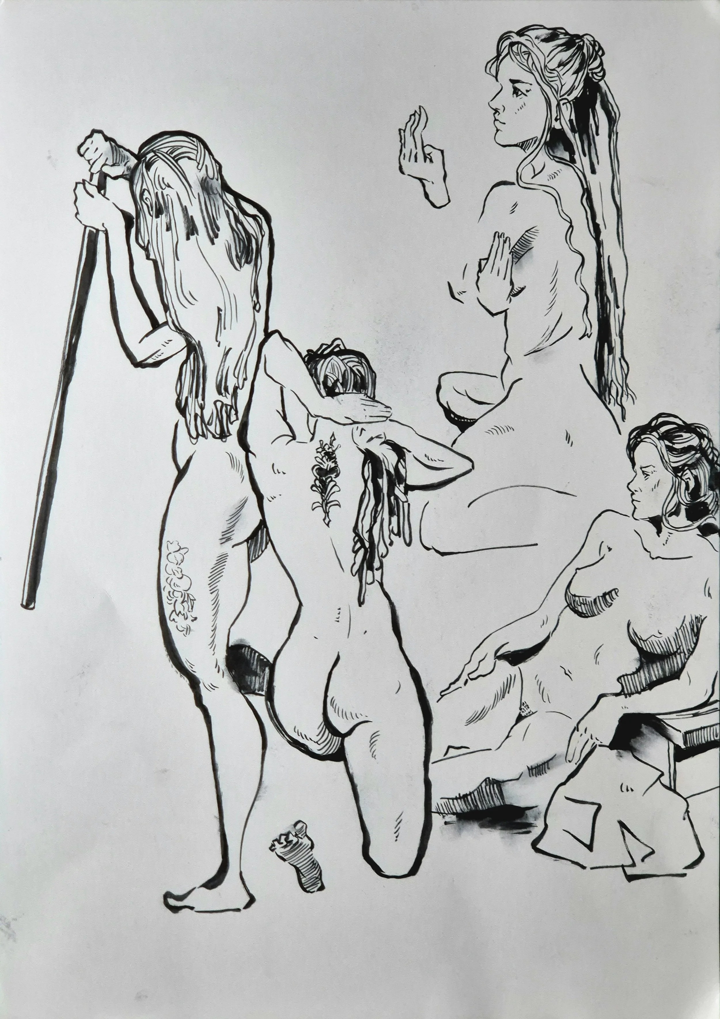 Skizze mit mehreren Aktfiguren in verschiedenen Posen.