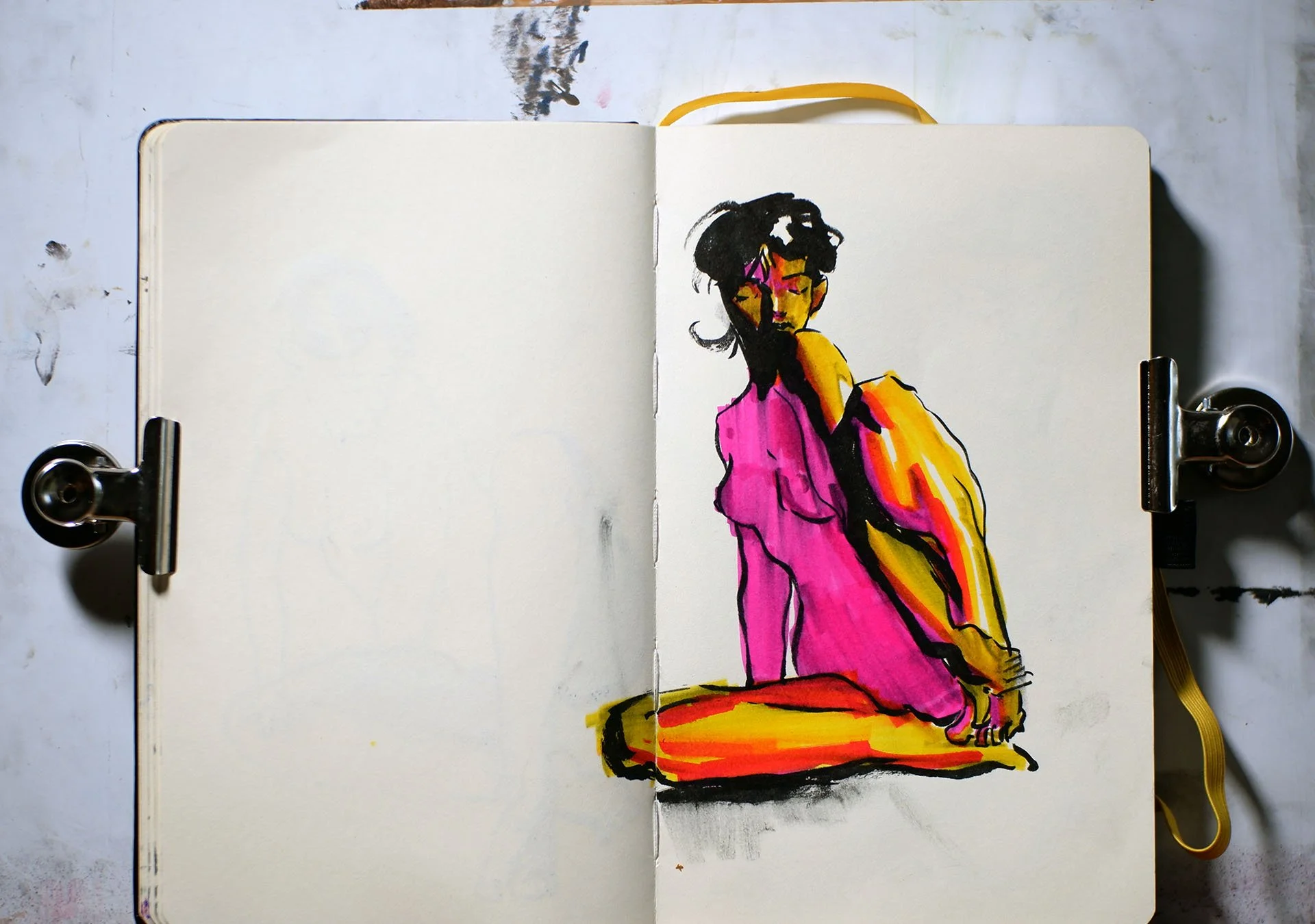 Sketch of a woman in vibrant pink, yellow and red colors,  sitting on the ground with her knees drawn up, painted in vibrant colors with bold black outlines.