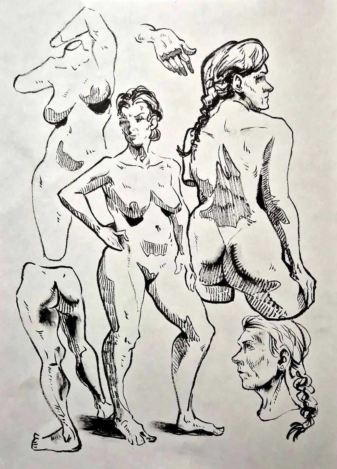 Skizze verschiedener weiblicher Aktfiguren und Körperteile in schwarzen Linien, einschließlich eines Rückenporträts, einer stehenden Figur mit Hand an der Hüfte, einer Gesichtssilhouette und einzelne Körperteile.