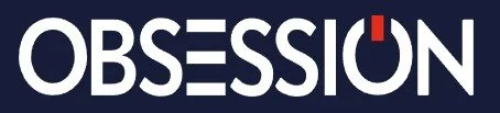 Das Logo mit dem Wort 'OBSESSION' in weißen Buchstaben auf dunkelbluem Hintergrund, wobei der Buchstabe 'I' rot ist.