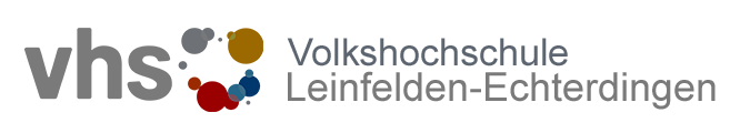 Logo of Volkshochschule Leinfelden-Echterdingen with the abbreviation vhs and colorful dots.