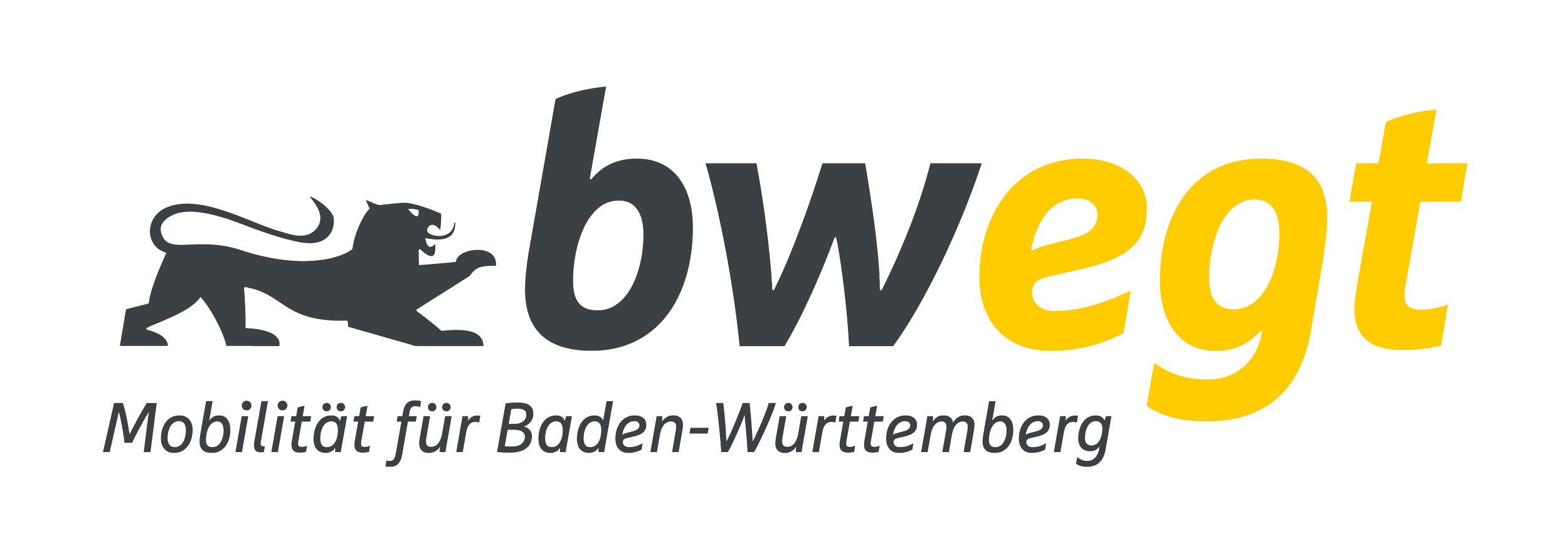 Logo with a black lion and the words 'bwet' in black and yellow, with the text 'Mobilität für Baden-Württemberg' underneath.