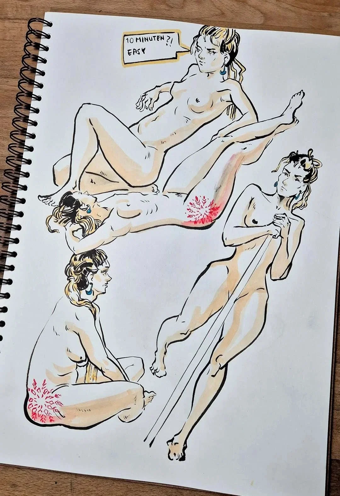 Skizze mit mehreren Frauen in verschiedenen Positionen, einige mit verzierten Bereichen im Intimbereich, und eine Sprechblase mit dem Text '10 Minuten? Easy'.