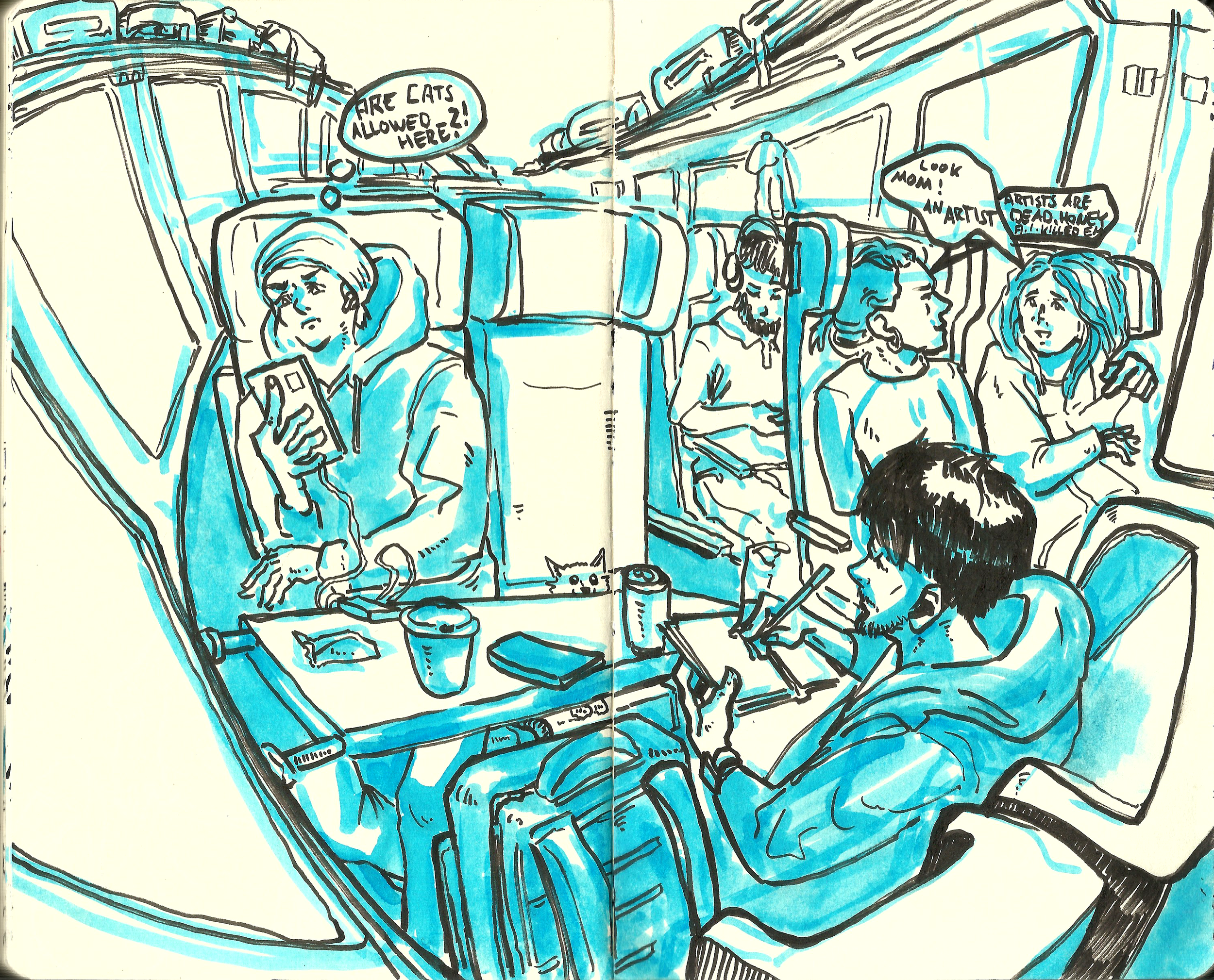 Skizze von fünf Personen, die in einem Flugzeug sitzen und alle ihre Handys benutzen. Eine Person sagt, "ARE CATS ALLOWED HERE?" und eine andere antwortet, "LOOK MOM! AN ARTIST!"