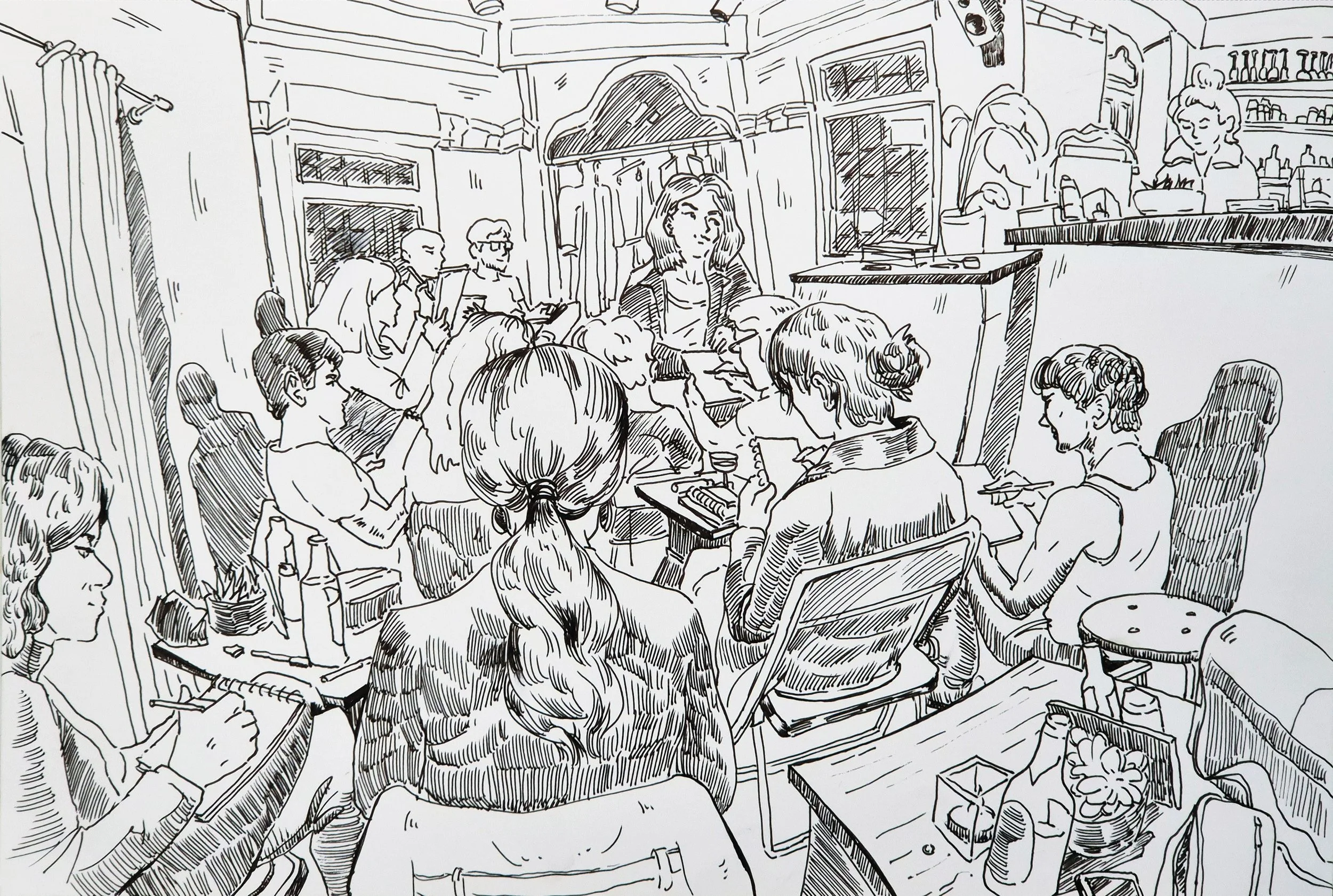 A black and white sketch of a group of women sitting in a restaurant or cafe, engaging with their phones or talking, with a woman standing near the counter, and a bartender behind the bar.