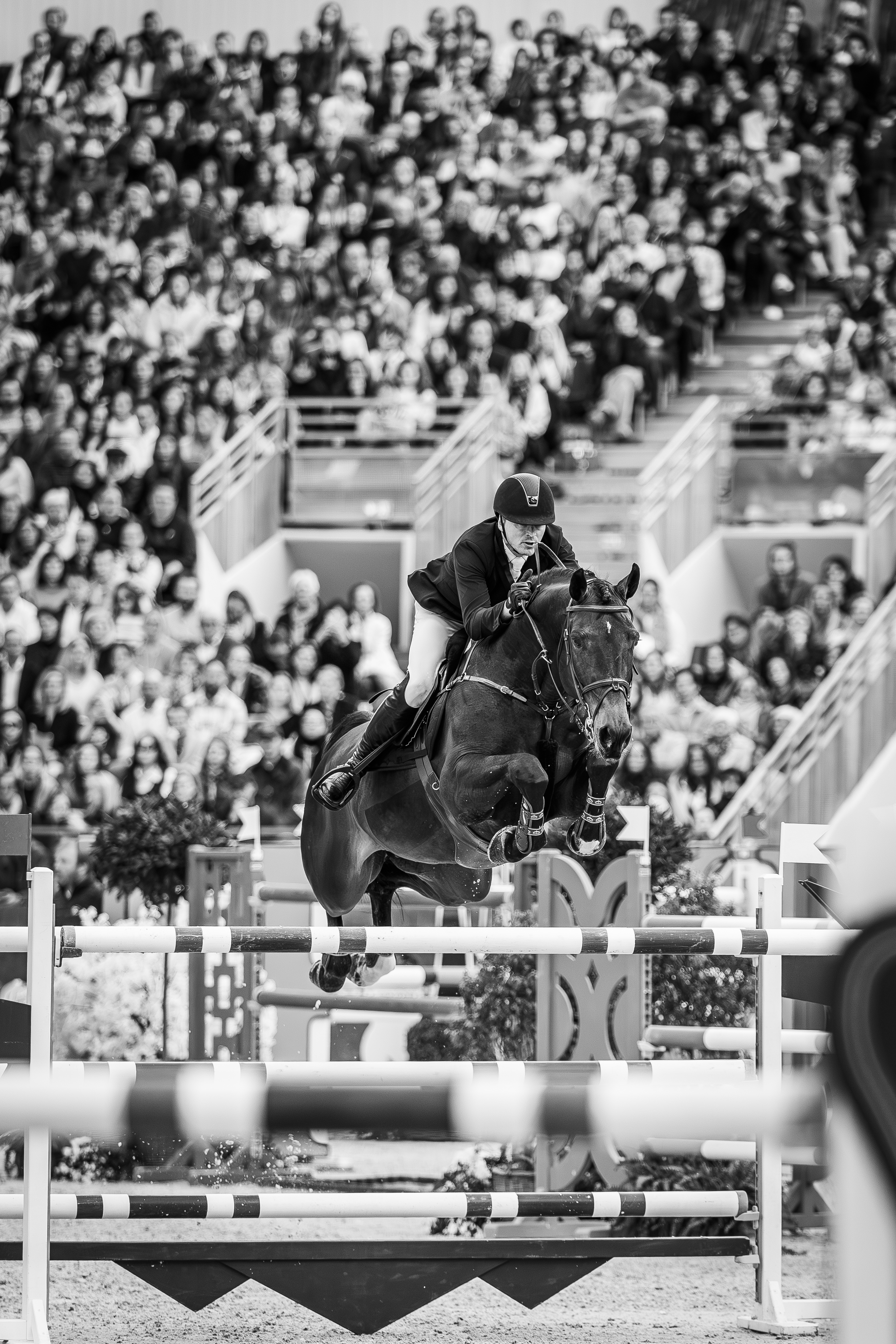A female equestrian rider jumping over a hurdle on horse during a competition, with a large audience watching in the background.