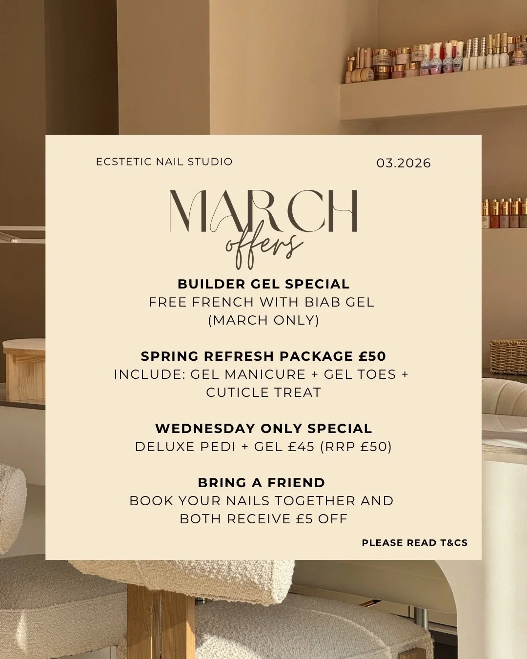 Our March offers are here🌸💗 
🔗 Book online using our link in bio. Please read our T&amp;Cs below:

When booking online, the system will still show our normal prices. Don&rsquo;t worry &mdash; simply mention the offer at checkout and we will apply 