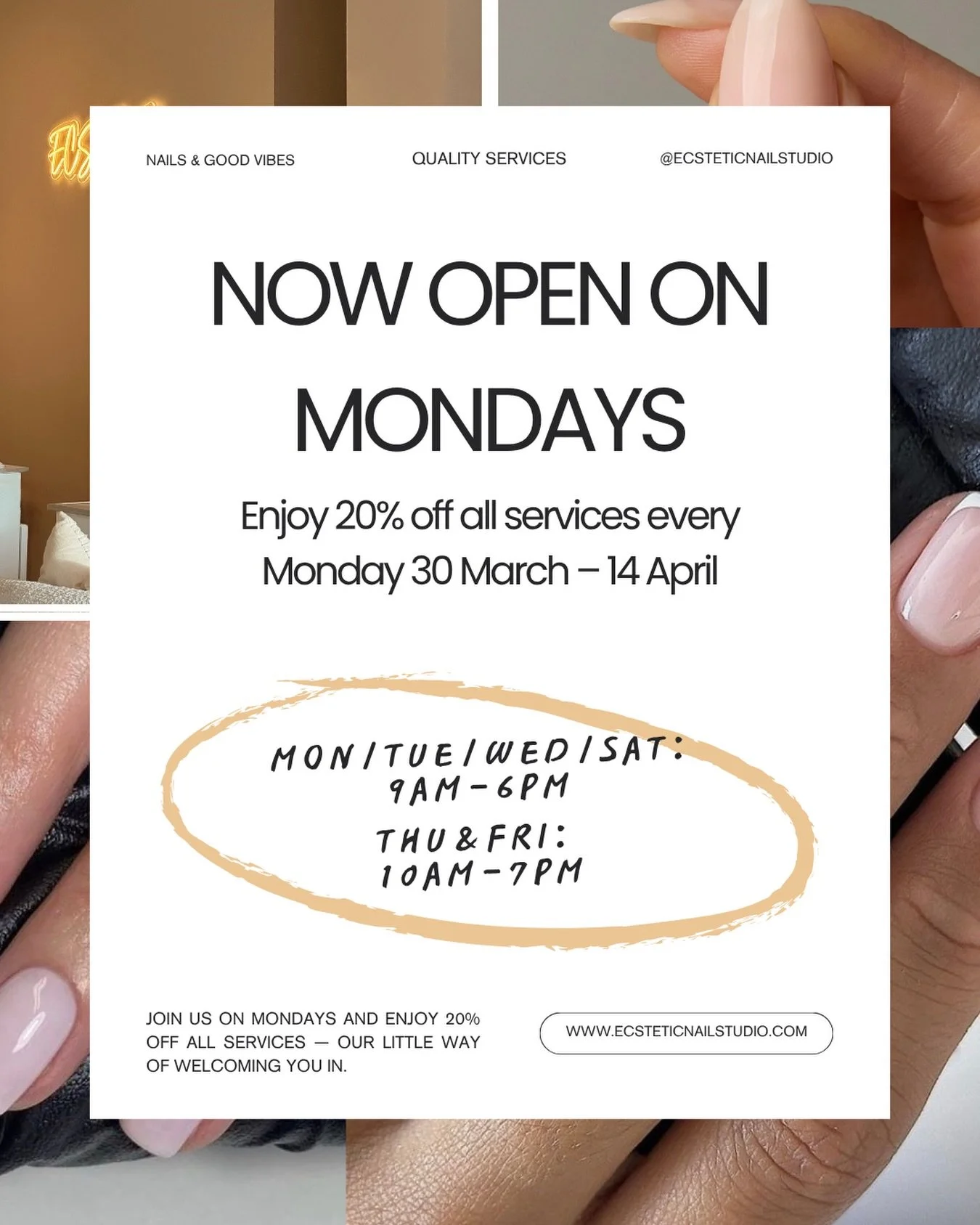 We&rsquo;ve expanded to 6 days a week &mdash; and you&rsquo;re the first to know. To celebrate, enjoy 20% off all services every Monday for a limited time.
Appointments are expected to fill quickly. Secure yours now👇

🔗 Booking link in bio 
📍34 Ha