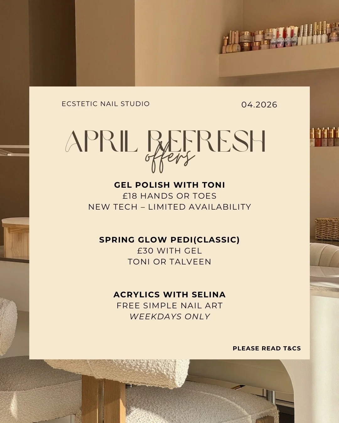 April offers are here at Ecstetic Nail Studio.

To celebrate our new team member Toni, enjoy gel polish on hands or toes for just &pound;18.

This is the perfect chance to book in at a lower price while Toni builds experience under close supervision.