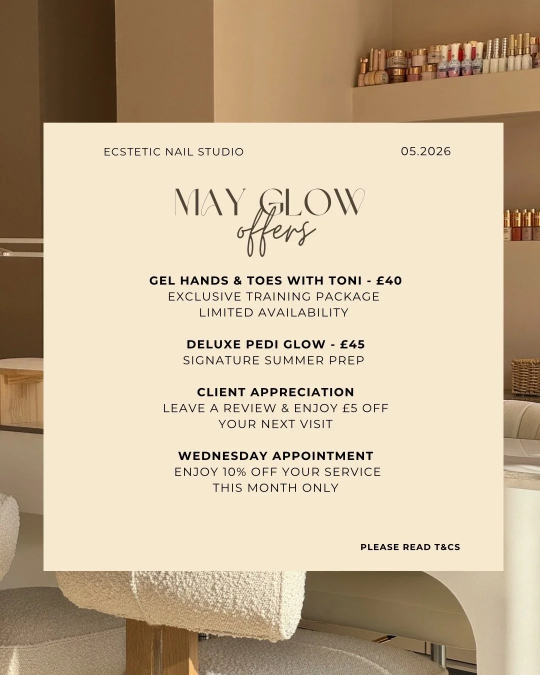 Our May Edit is here.
A few little seasonal treats for you to enjoy this month.
We&rsquo;re so grateful for your continued support.
Don&rsquo;t forget to mention your offer at checkout✨

📍 34 Harlestone Road, NN5 7AG
📲 Book using link in bio or pho