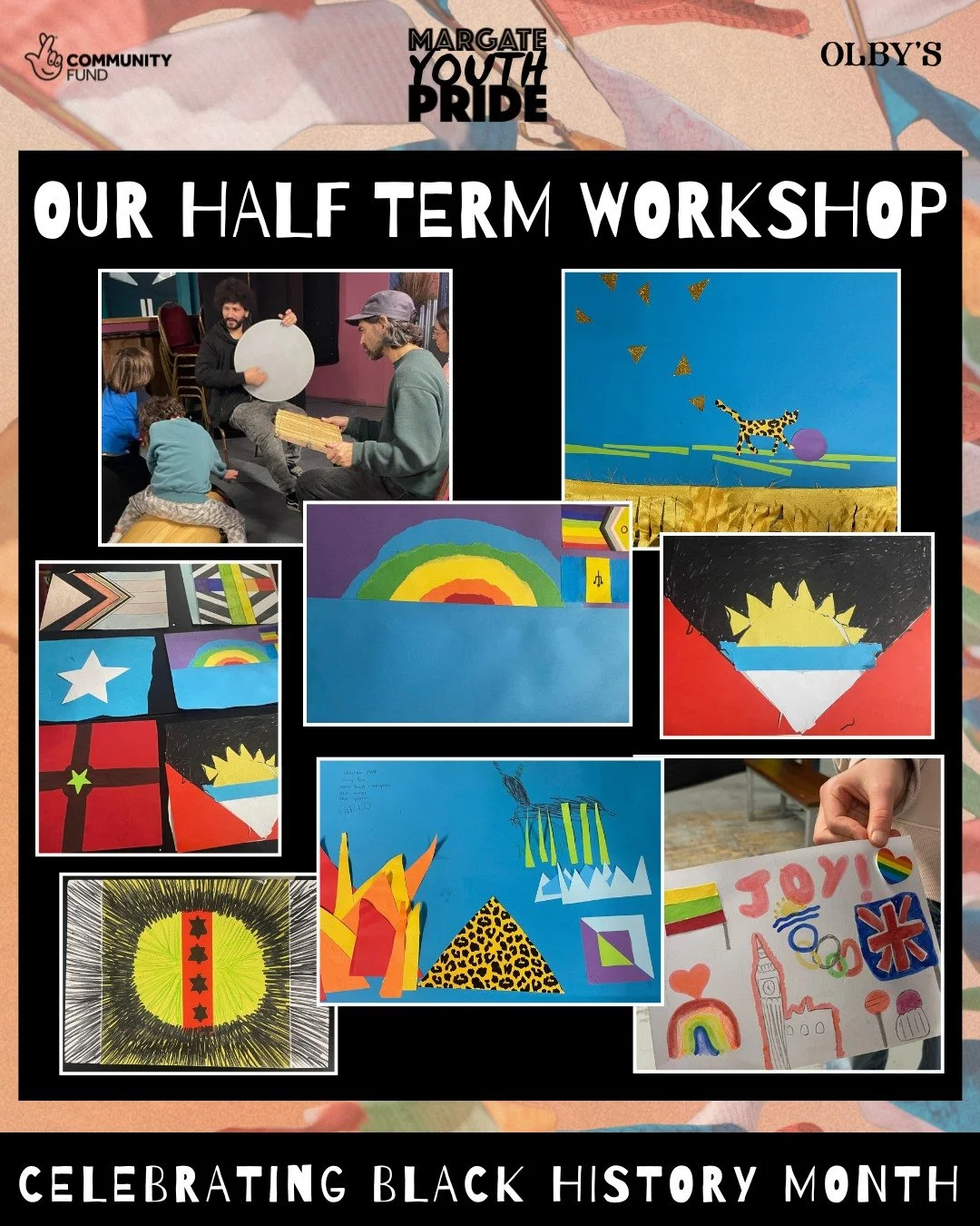 A big thank you to everyone who came to our Margate Youth Pride Half Term Workshop at @olbyscreativehub celebrating Black History Month.
Some excellent flags and zines created by crafty little hands and some brilliant sounds from the drumming circle
