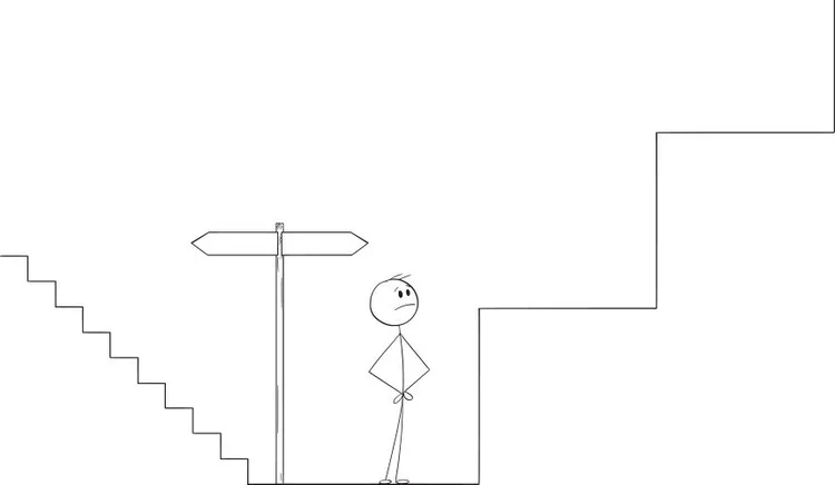 Tagthiya stick figure standing at a crossroads between two staircases, looking thoughtful