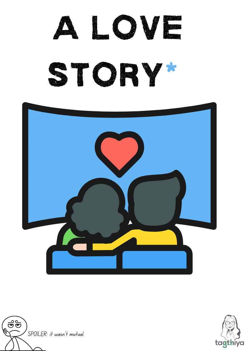 Illustration of two people sitting on a blue couch watching TV with a red heart on the screen. Text above reads 'A Love Story.'