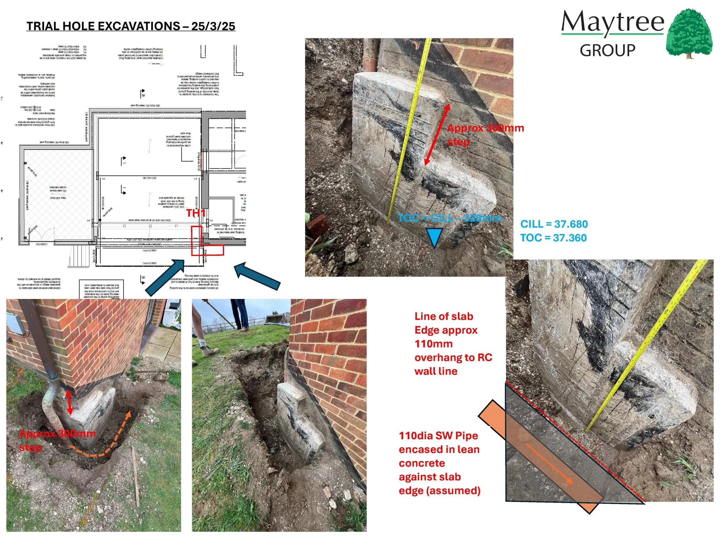 Trial holes completed to expose exisying rc basement construction and drainage routing