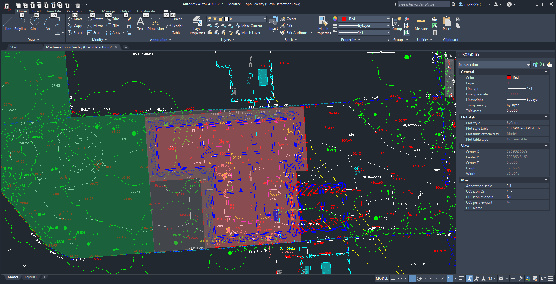 Topographical survey overlaid with proposed new design to identify clashes with existing drainage systems