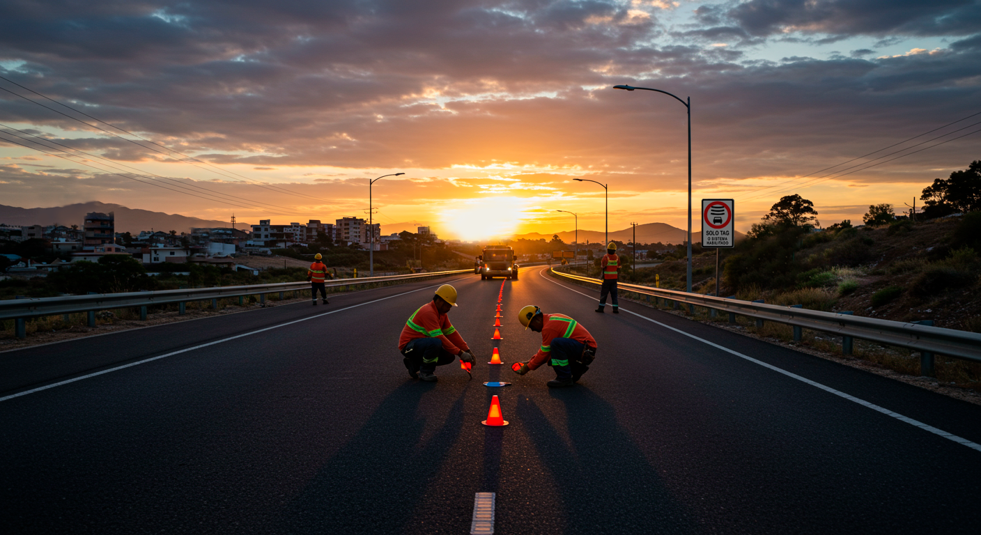Trabajadores de construcción colocando conos de seguridad en una carretera durante el atardecer, con un autobús acercándose y un cartel de advertencia. El cielo está parcialmente nublado y el sol está en el horizonte.