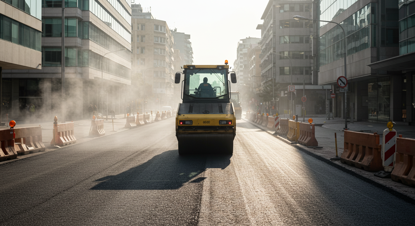 Maquinaria de construcción compactando asfalto en una calle de la ciudad con edificios altos a ambos lados.