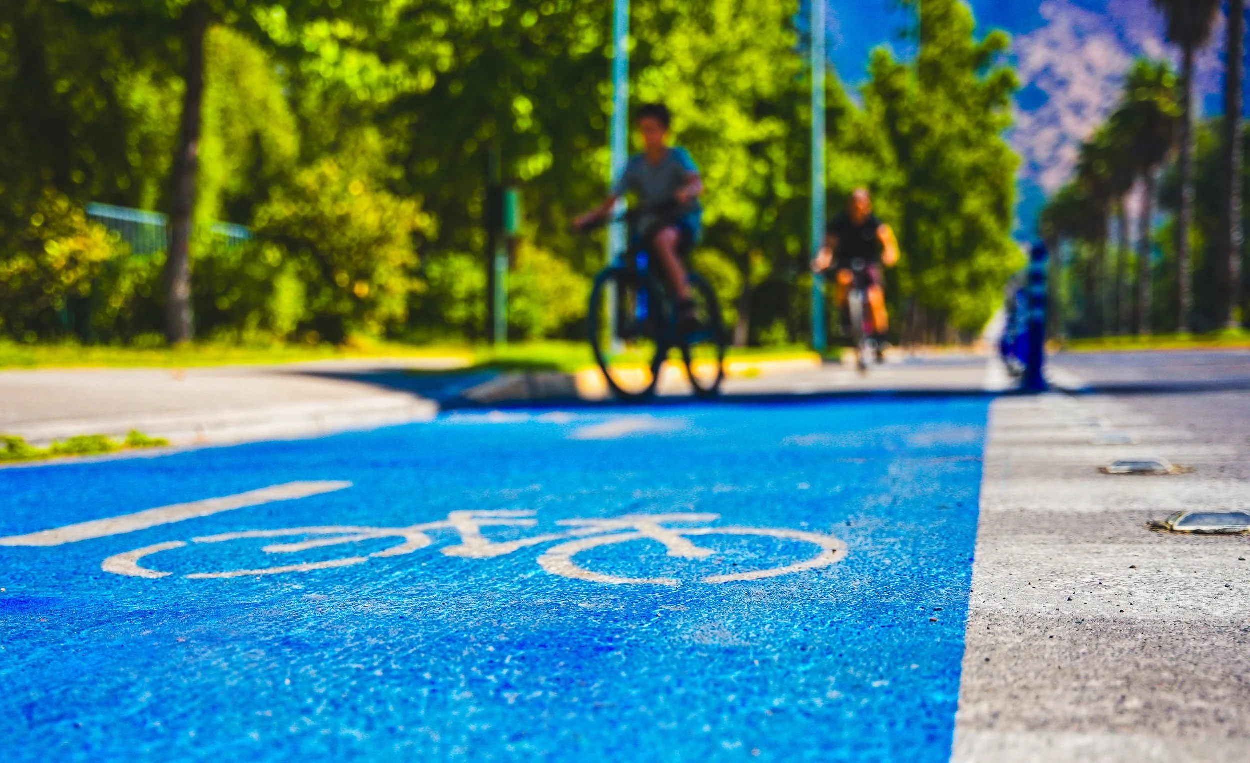 Ciclopista azul con símbolo de bicicleta pintado, con personas usando bicicletas en un parque con árboles verdes y senderos en el fondo.