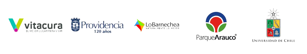 Logos de varias instituciones y organizaciones, incluyendo Vitacura, Providencia, Lo Barnechea, Parque Araucano y la Universidad de Chile, en una franja azul.