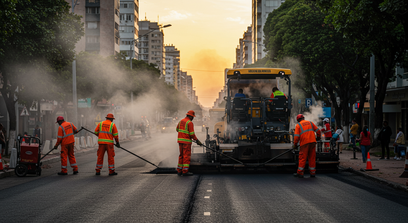 Trabajadores de la construcción en una ciudad, reparando y asfaltando una calle, con edificios y árboles a los lados, durante el atardecer.