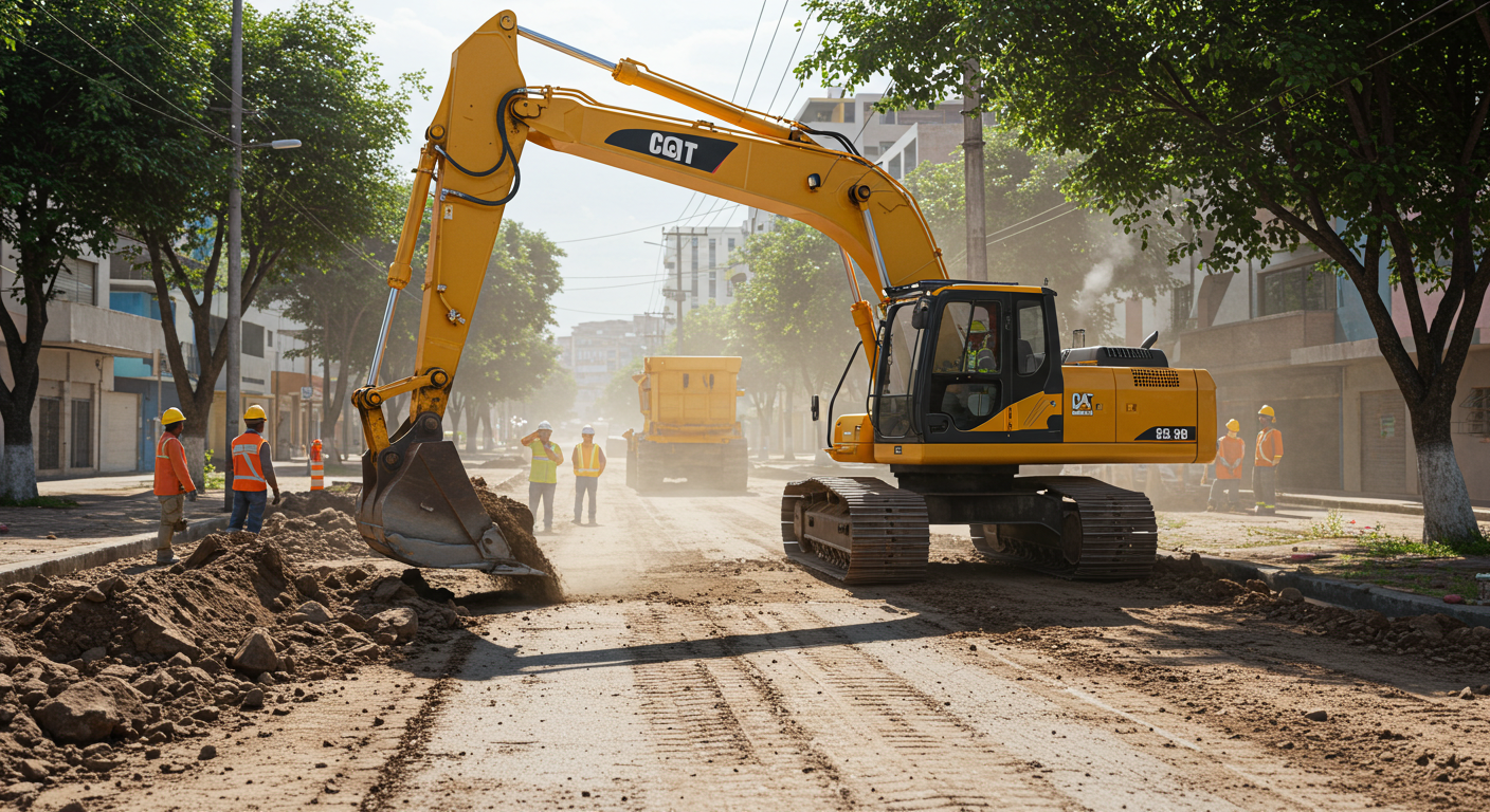 Maquinaria de construcción trabajando en una calle de ciudad, con obreros usando cascos y chalecos de seguridad, y árboles alineados a los lados.