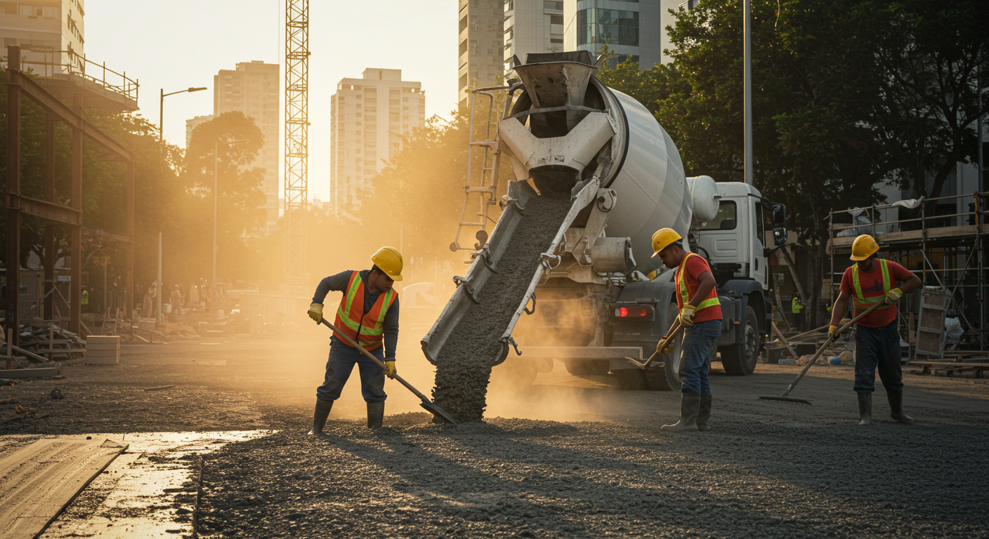Concreto siendo vertido y nivelado por obreros con cascos y chalecos reflectantes en una construcción de calles en una ciudad durante el atardecer.