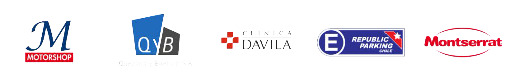 Logotipos de varias empresas y servicios, incluyendo Motoshop, Uzzaya y Boch S.A., Clínica Davila, República Parking Chile y Montserrat.