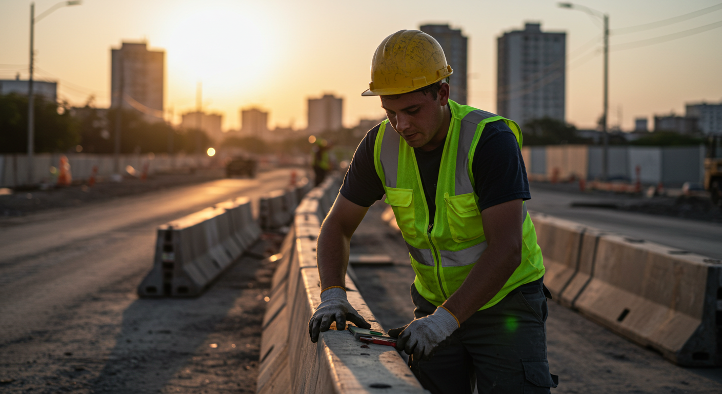 Trabajador con casco y chaleco de seguridad trabajando en carretera en el atardecer