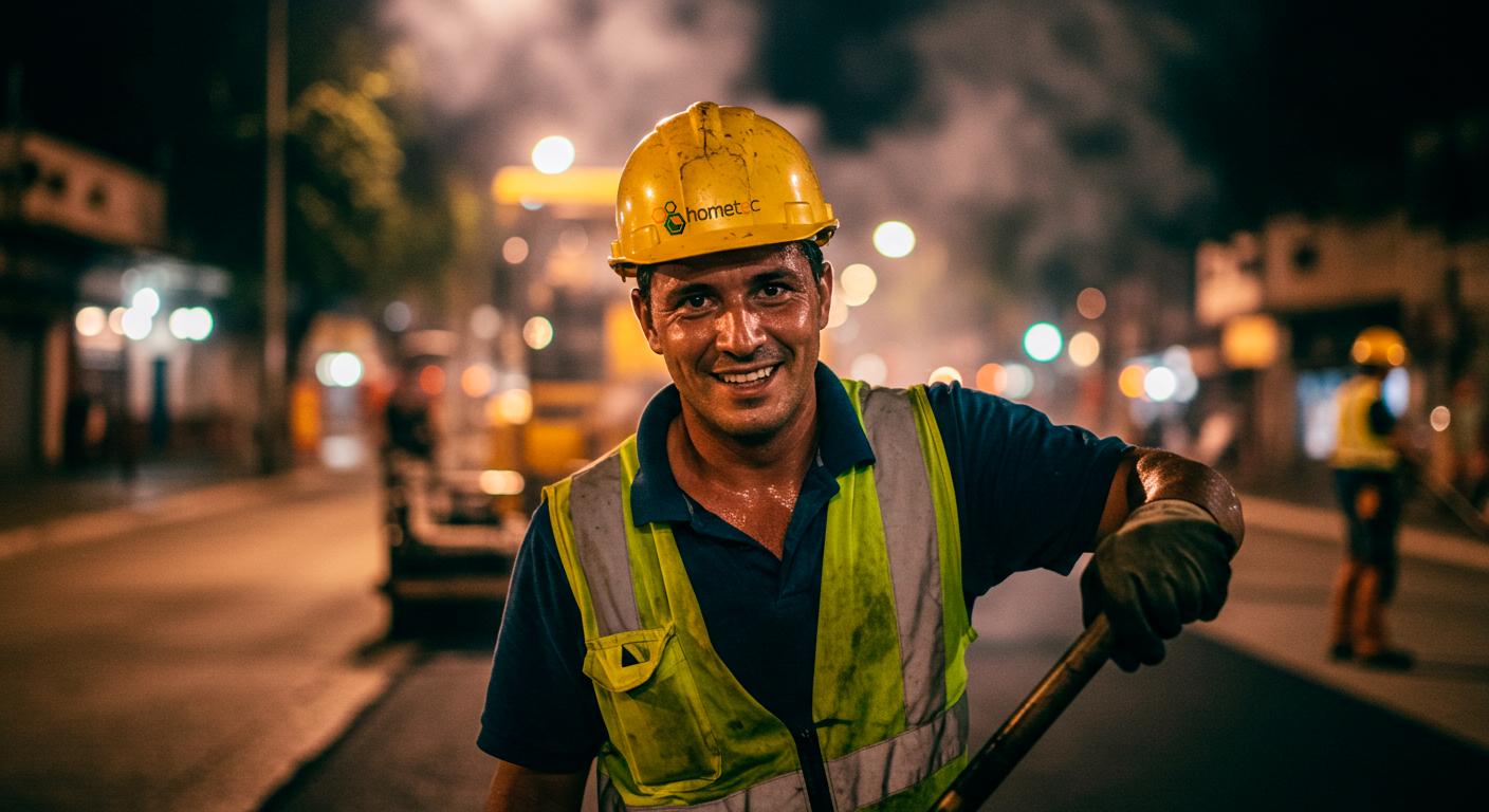 Obrero sonriente con casco de seguridad y chaleco reflectante, trabajando en una calle por la noche.