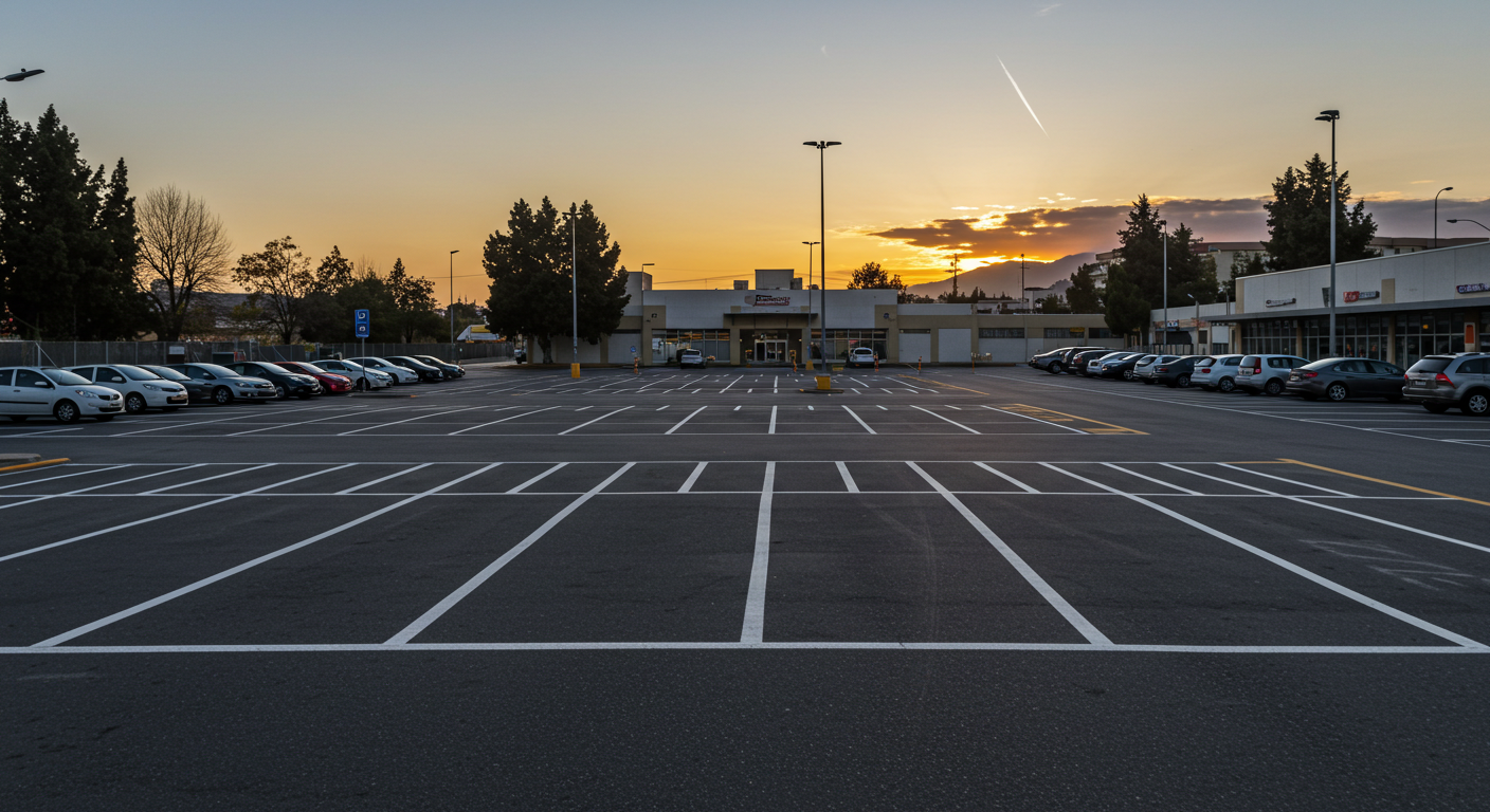 Estacionamiento vacío al atardecer con líneas de marcado y un centro comercial de fondo.