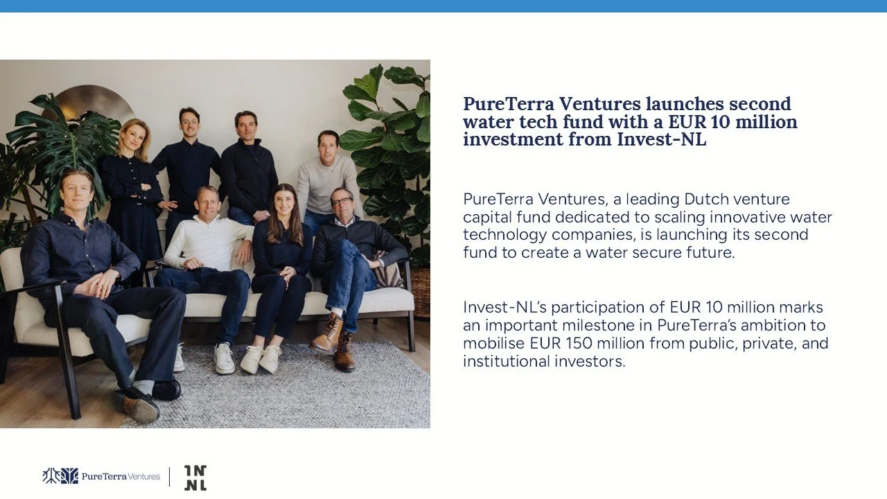 PureTerra Ventures launches second water tech fund with a EUR 10 million from Invest-NL
